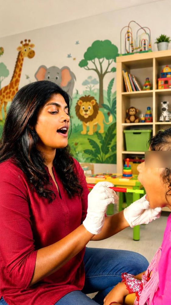 Speech therapist using AAC tablet with a child